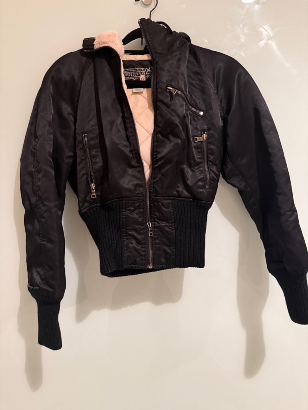 Vintage Guess pink fur hood Black Jacket with baby pink Quilted Lining